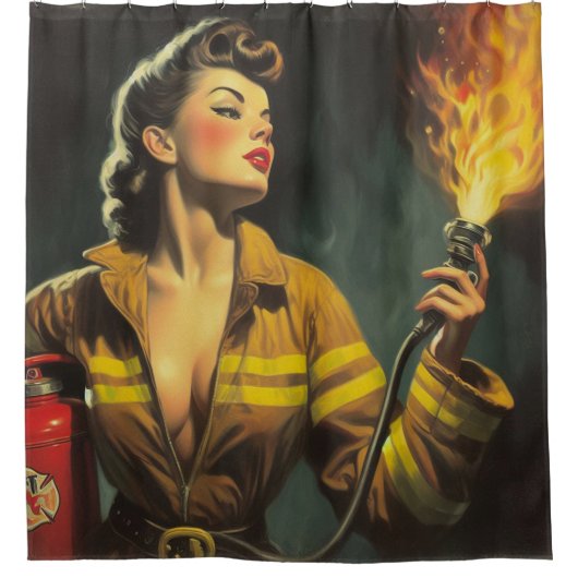  brandweerman Pin Up Douchegordijn (Voorkant)