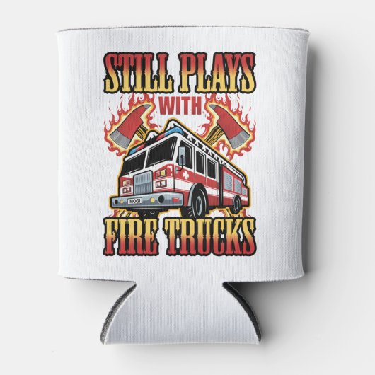 Brandweerman speelt nog steeds met brandweerwagens blikjeskoeler (Voorkant)