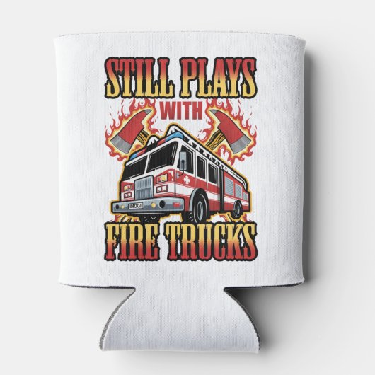 Brandweerman speelt nog steeds met brandweerwagens blikjeskoeler (Achterkant)