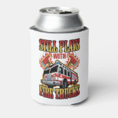 Brandweerman speelt nog steeds met brandweerwagens blikjeskoeler (Blikje Achterkant)