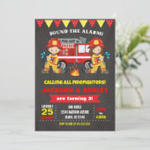 Brandweerman Verjaardag Uitnodiging Joint Girl Boy (Staand voorkant)