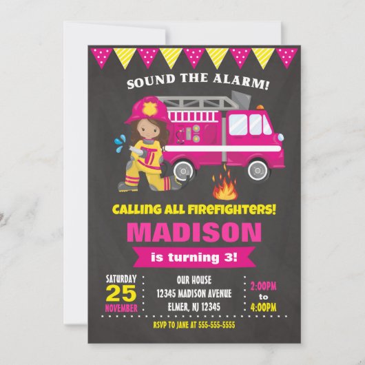 Brandweerman Verjaardag Uitnodiging Meisje Pink (Voorkant)