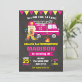 Brandweerman Verjaardag Uitnodiging Meisje Pink (Staand voorkant)