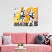 Brandweermannen vechten tegen gesimuleerde brand canvas afdruk (Insitu (Woonkamer))