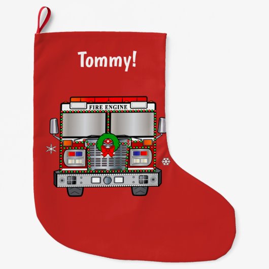 Brandweermotor met kerstmis gedecorbeerd grote kerstsok (Voorkant)