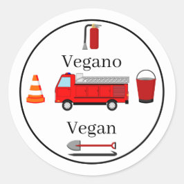 Brandweerthema tweetalige verjaardag jongen vegan ronde sticker