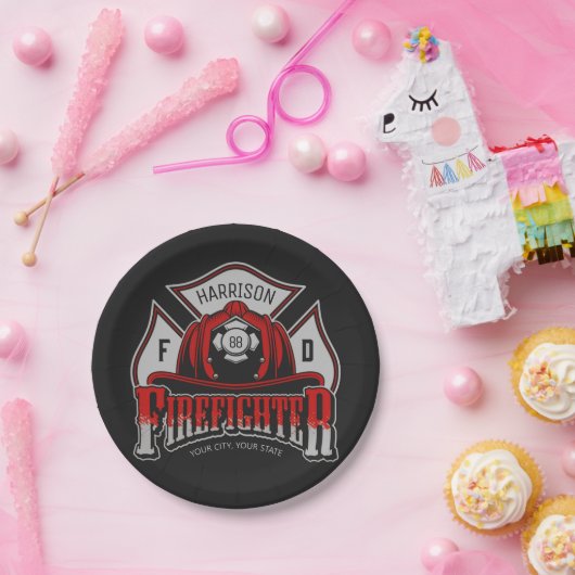 Brandweeruitrusting Helmet en naam brandweerdienst Papieren Bordje (Feest)