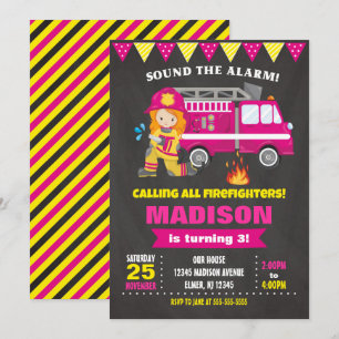 brandweervrouw Birthday Invitation Girl Pink Kaart