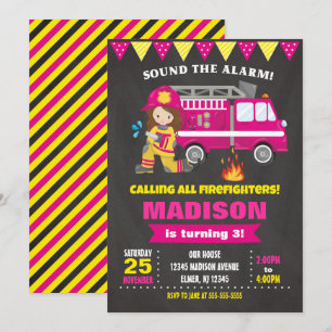 brandweervrouw Birthday Invitation Girl Pink Kaart