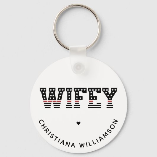 Brandweervrouw met dunne rode lijn brandweervrouw sleutelhanger (Voorkant)