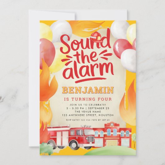 Brandweerwagen 4e verjaardagsfeest rood geel kaart (Voorkant)