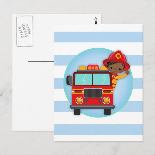 Brandweerwagen Afrikaanse Amerikaanse jongen Briefkaart (Voorkant / Achterkant)