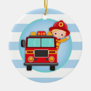 Brandweerwagen Blonde Hair Boy Keramisch Ornament
