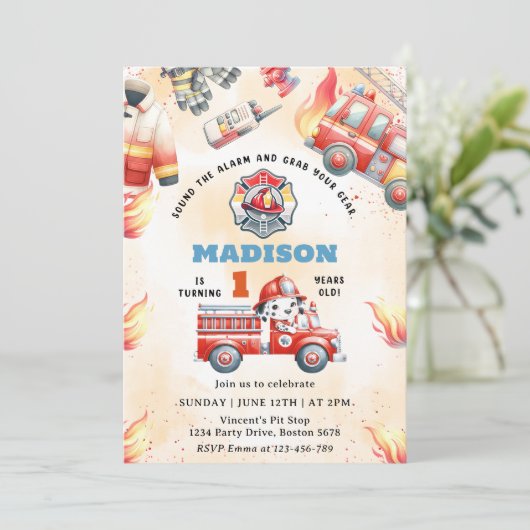 Brandweerwagen Brandweerauto 1e Verjaardagsfeest Kaart (Staand voorkant)