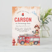 Brandweerwagen Brandweerman 2e Verjaardagsfeest Kaart (Staand voorkant)
