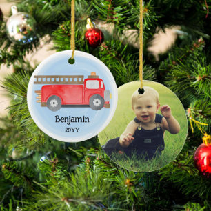 Brandweerwagen brandweerman foto aandenken Kerstmi Keramisch Ornament