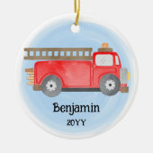 Brandweerwagen Brandweerman Foto Keepsake Kerstmis Keramisch Ornament (Voorkant)