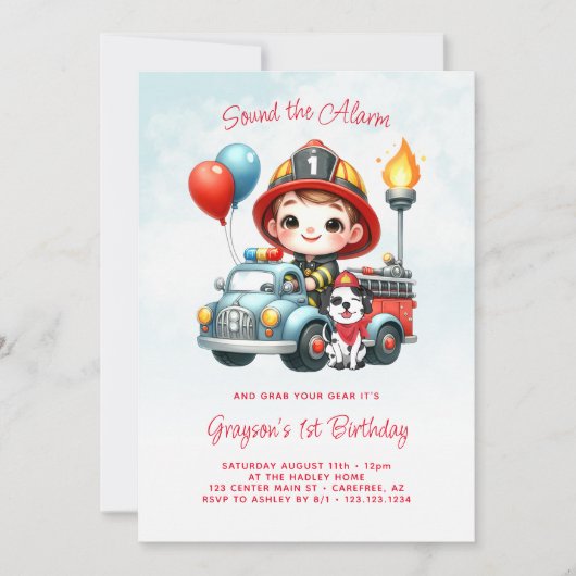 Brandweerwagen Brandweerman Jongen 1e Verjaardag Kaart (Voorkant)