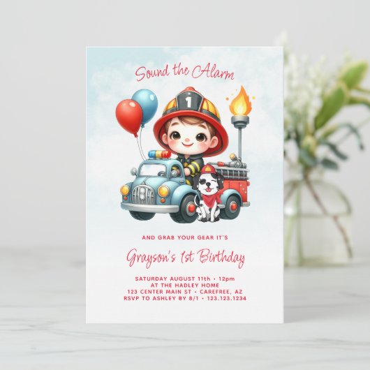 Brandweerwagen Brandweerman Jongen 1e Verjaardag Kaart (Staand voorkant)