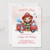 Brandweerwagen Brandweerman Meisje 5e Verjaardag Kaart (Voorkant)