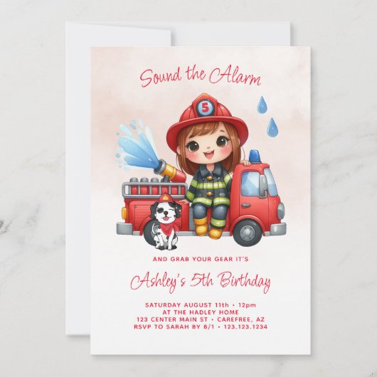 Brandweerwagen Brandweerman Meisje 5e Verjaardag Kaart (Voorkant)