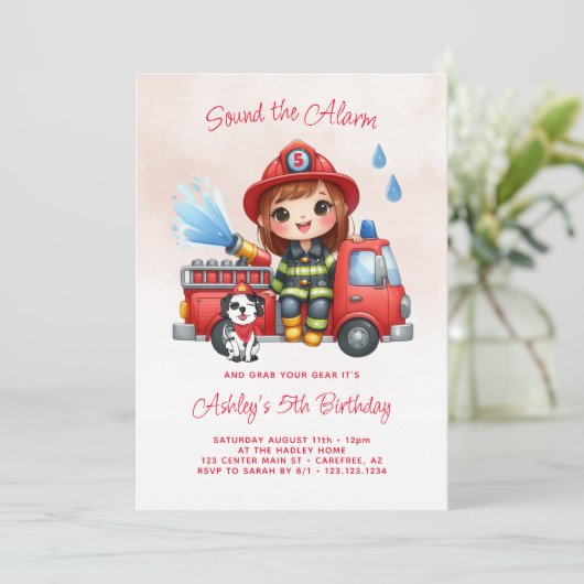 Brandweerwagen Brandweerman Meisje 5e Verjaardag Kaart (Staand voorkant)
