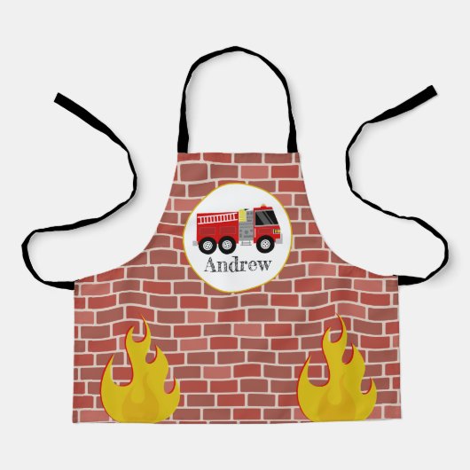 Brandweerwagen Bricks Patroon Brandweerman Kinder Schort (Voorkant)