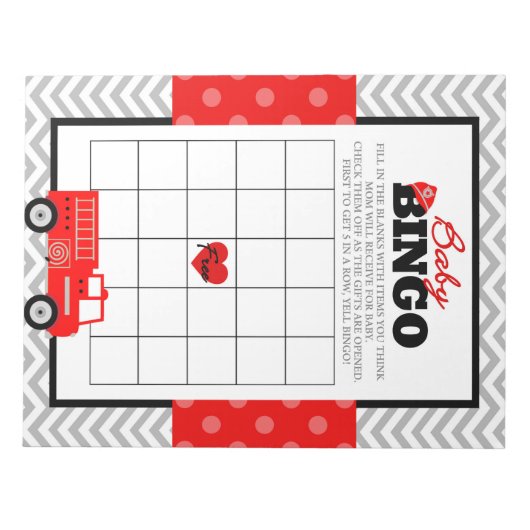 Brandweerwagen Cadeau Bingo Baby Shower Spelpakket Notitieblok (Voorkant)