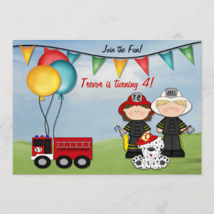 Brandweerwagen en kleine brandweerman verjaardag kaart