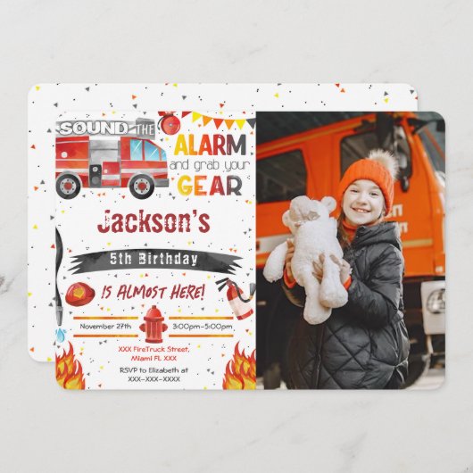 Brandweerwagen Foto Uitnodigingen (Voorkant / Achterkant)