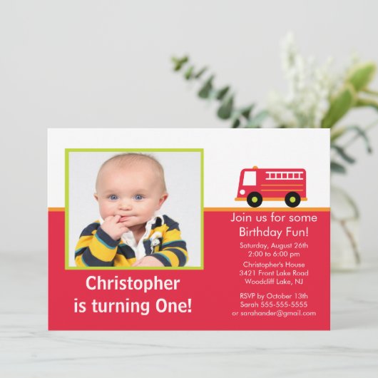 Brandweerwagen Foto van Birthday Party Kaart (Staand voorkant)