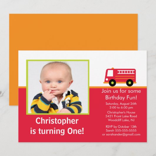 Brandweerwagen Foto van Birthday Party Kaart (Voorkant / Achterkant)