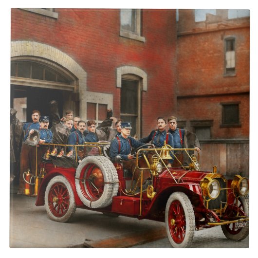 Brandweerwagen - Het vliegend team 1911 Tegeltje (Voorkant)