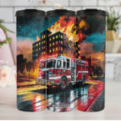 Brandweerwagen in brandend gebouw thermosbeker