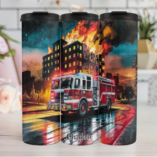 Brandweerwagen in brandend gebouw thermosbeker
