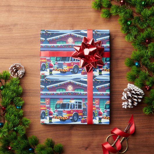 Brandweerwagen Kerstman en Kerstboom Cadeaupapier (Feestdagen Geschenken)