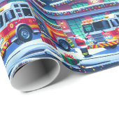 Brandweerwagen Kerstman en Kerstboom Cadeaupapier (Rol Hoek)