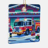 Brandweerwagen Kerstman en Kerstboom Keramisch Ornament (Rechts)