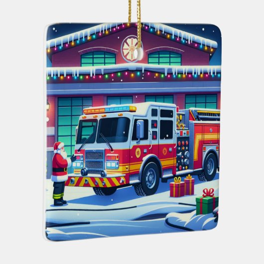 Brandweerwagen Kerstman en Kerstboom Keramisch Ornament (Rechts)