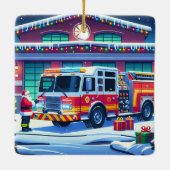 Brandweerwagen Kerstman en Kerstboom Keramisch Ornament (Achterkant)