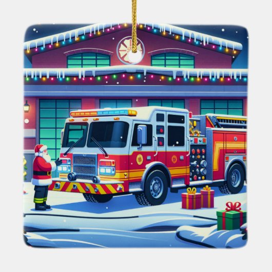 Brandweerwagen Kerstman en Kerstboom Keramisch Ornament (Achterkant)