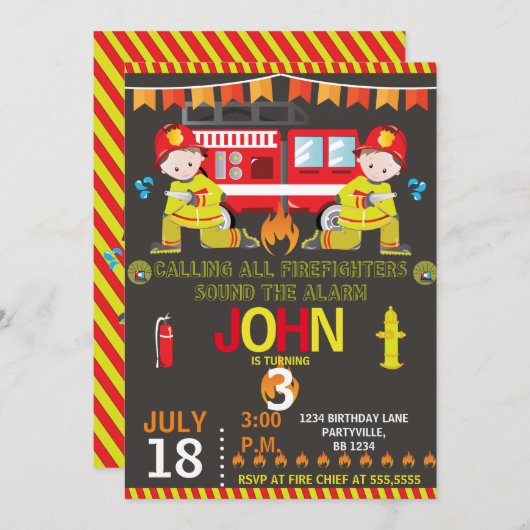 brandweerwagen, krijt, geboortedag kaart (Voorkant / Achterkant)