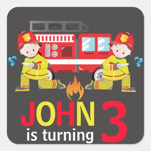 brandweerwagen, krijt, geboortedag vierkante sticker (Voorkant)