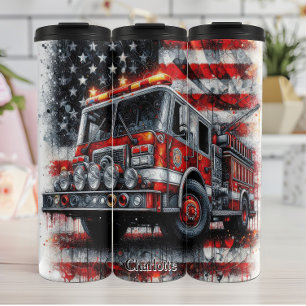 Brandweerwagen met Abstracte Amerikaanse vlag Thermosbeker