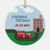 Brandweerwagen met naam Kerstman Keramisch Ornament (Voorkant)