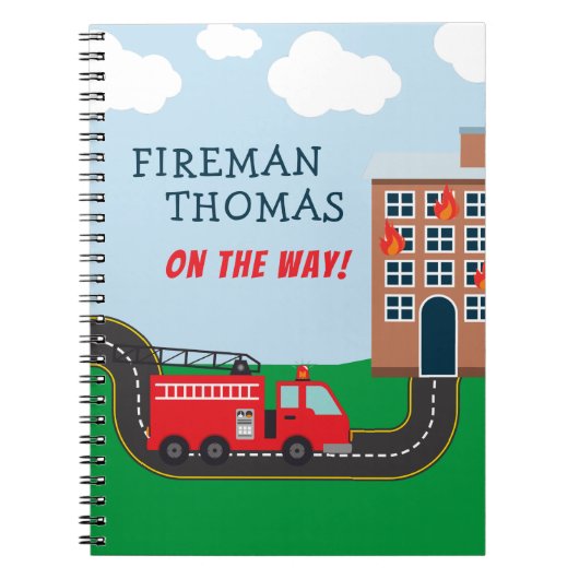 Brandweerwagen met voornaam kleine jongen notitieboek (Voorkant)