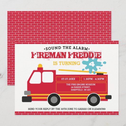 Brandweerwagen op uitnodiging van verjaardagsfeest (Voorkant / Achterkant)