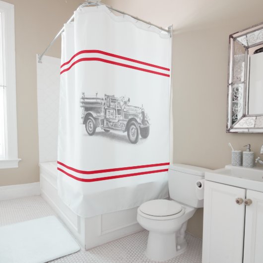  brandweerwagen potlood schetsen brandweertekening douchegordijn (In situ)