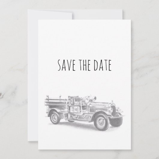  brandweerwagen potlood schetsen brandweertekening save the date (Voorkant)