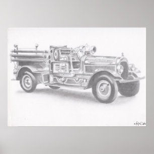 Brandweerwagen potloodschets grote herdruk poster